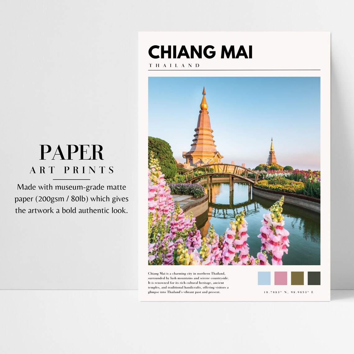 Chiang Mai Thailand Twin Stupa Garden Bridge Flower View Poster - Image 3