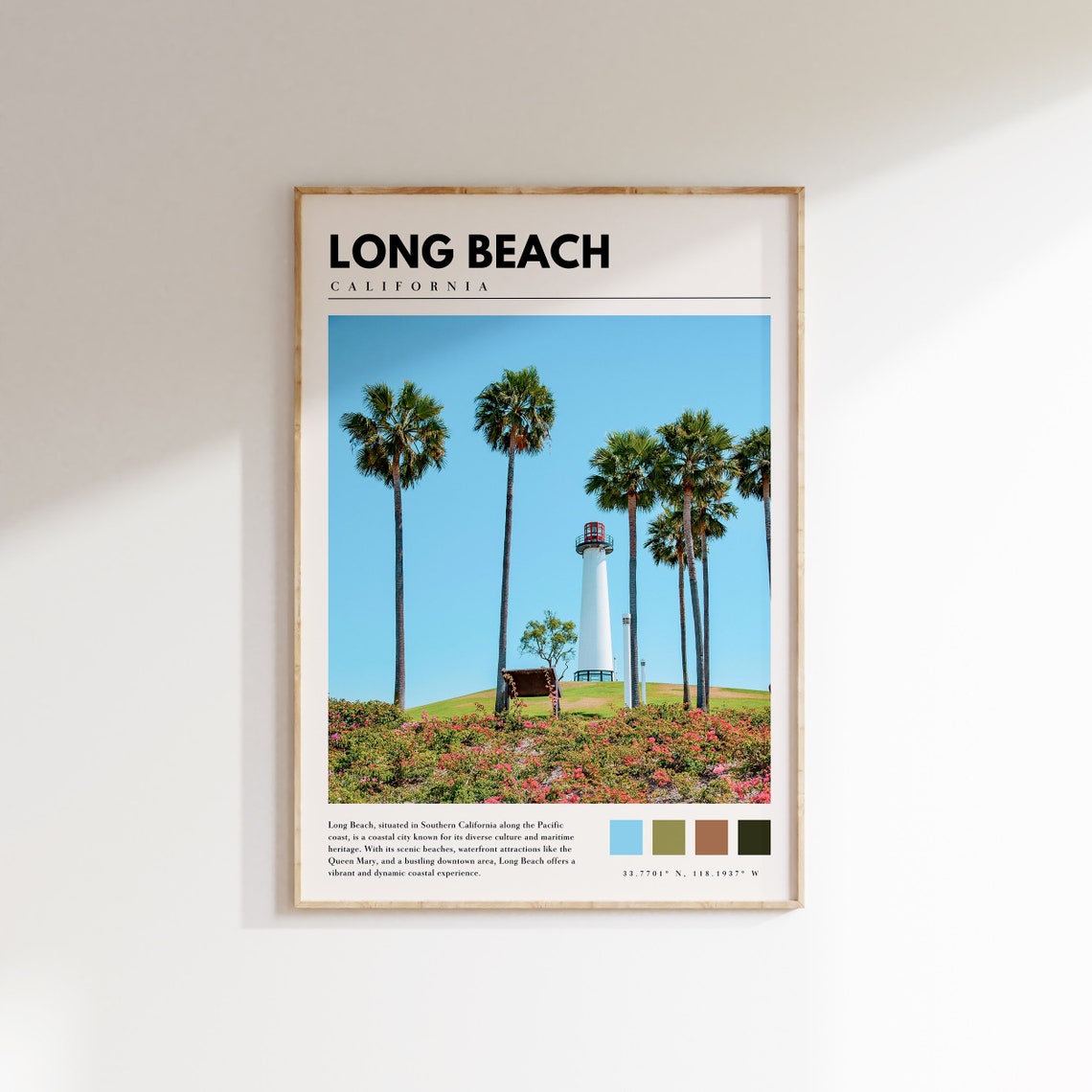 Long Beach California Lighthouse Palm Trees Sunny Coast Travel Poster