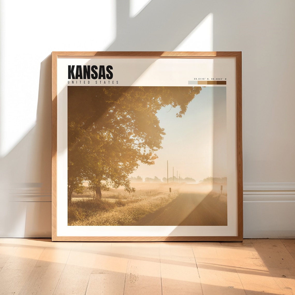 Kansas Poster with Misty Country Road and Golden Morning Light