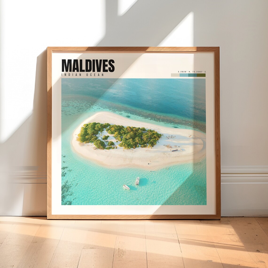 Maldives Poster with Aerial View of Tropical Island and Turquoise Sea