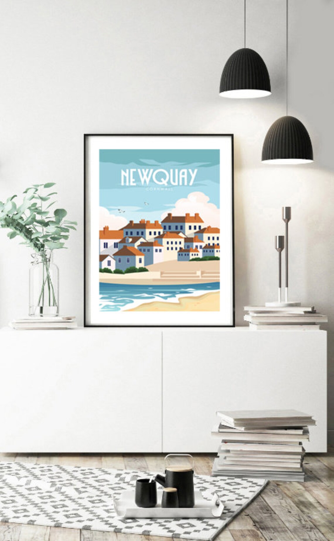 Newquay Cornwall Harbour Cottages Beach Waves Retro Travel Poster - Image 3