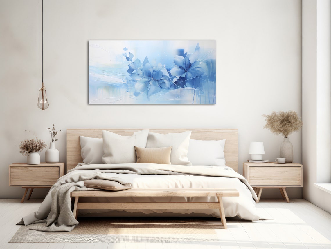 Soft Pale Blue Watercolor Flowers White Panoramic Floral Poster - Image 2