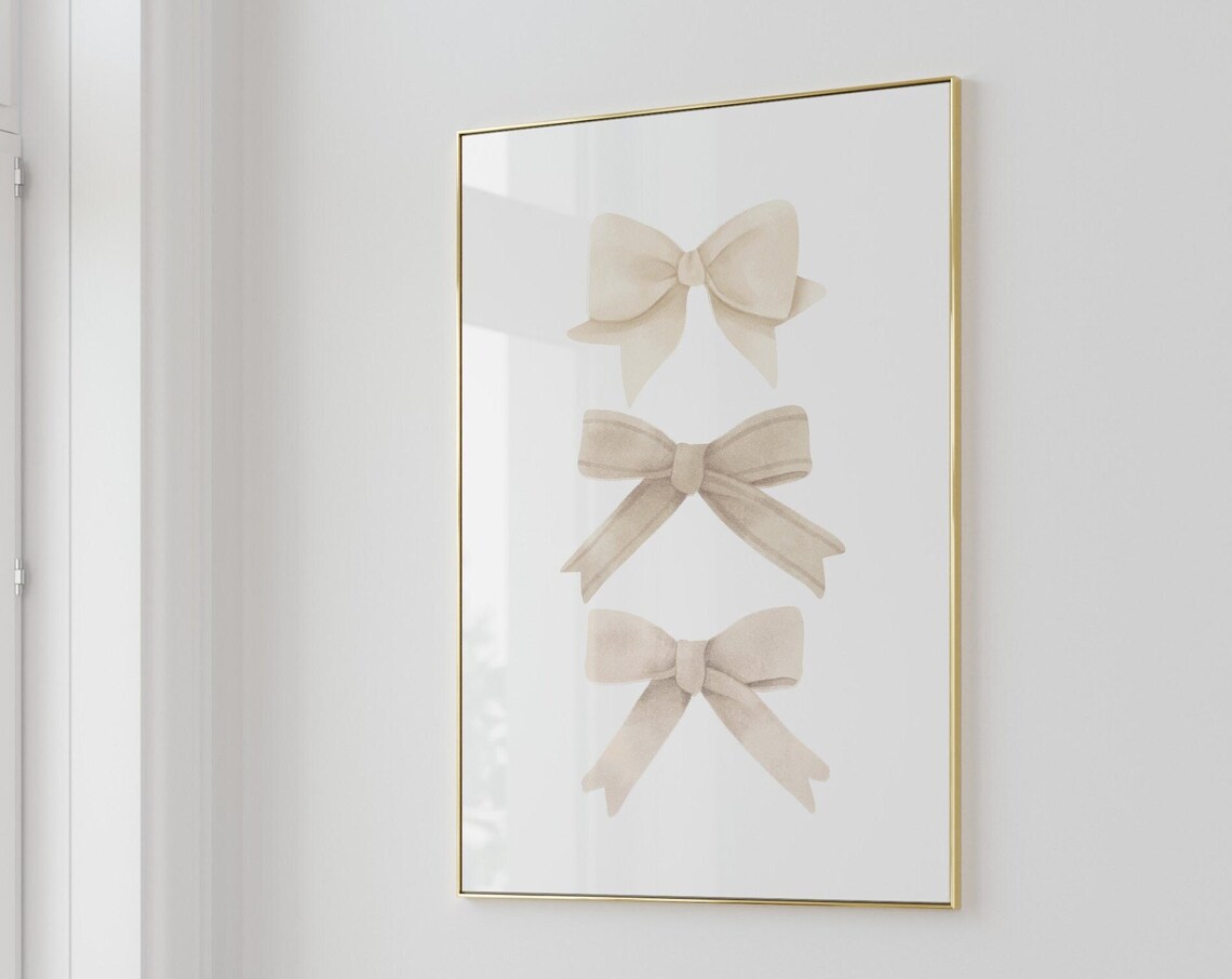 Beige Watercolor Ribbon Bows Trio Vertical Neutral Coquette Wall Art