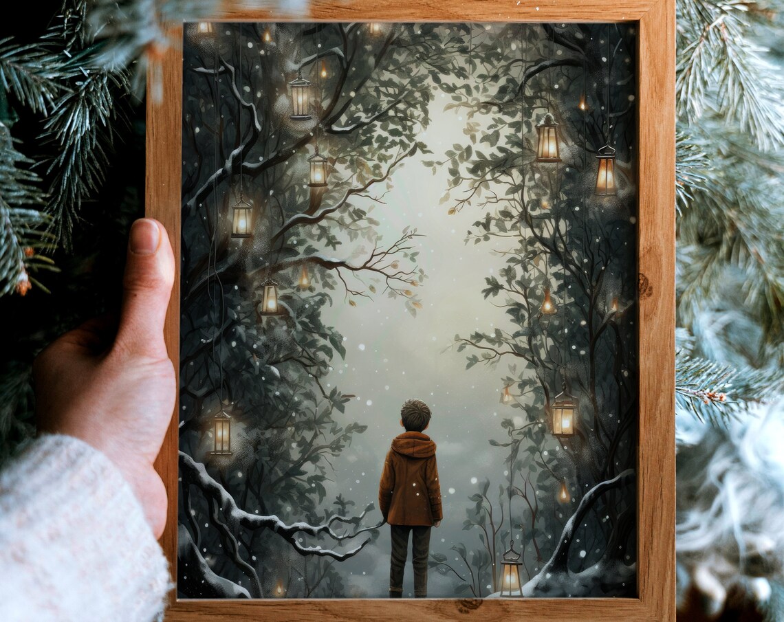 Magical Snowy Forest Lantern Boy Winter Wonderland Scene Poster - Image 6