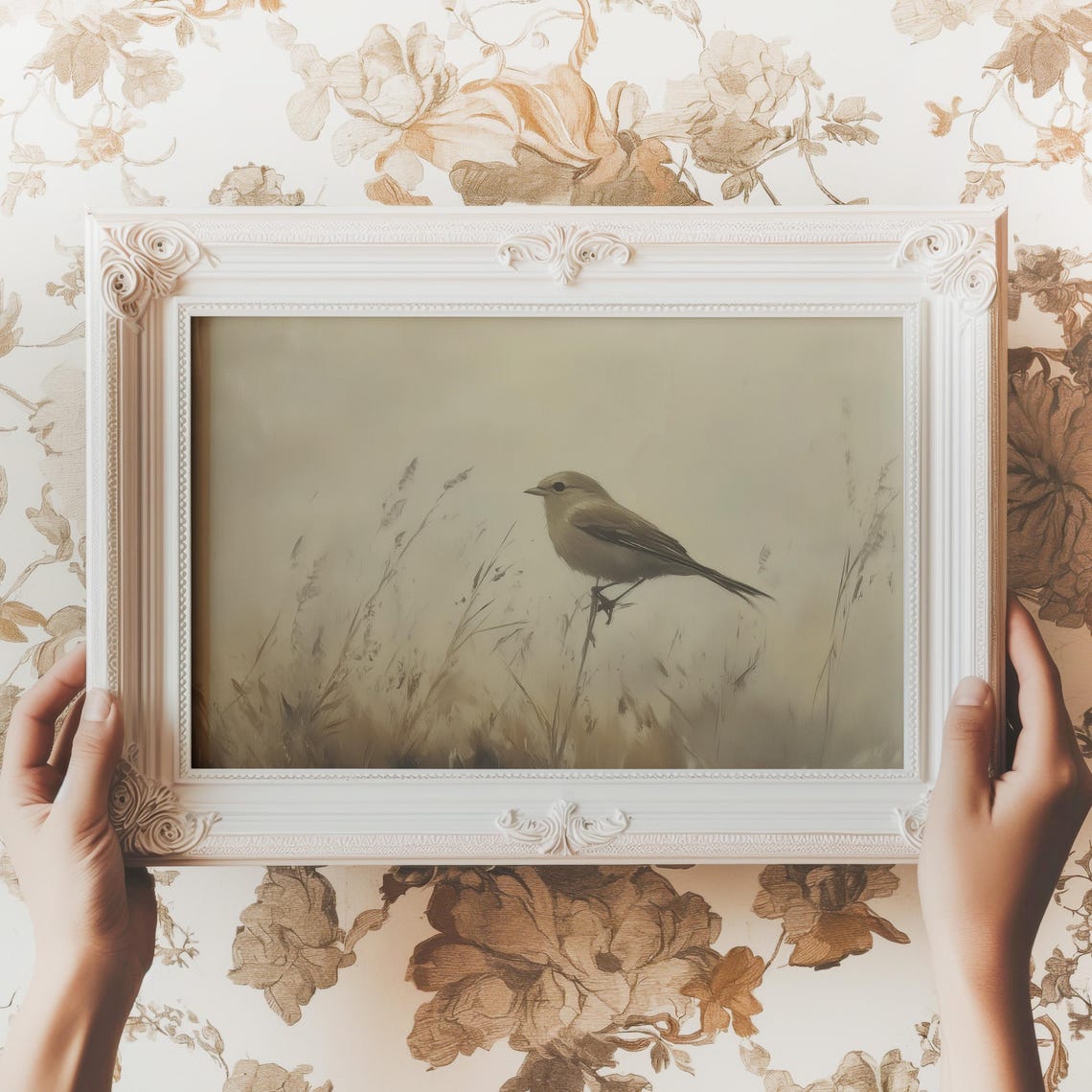 Small Brown Bird Perched on a Twig Soft Neutral Wildlife Art Print