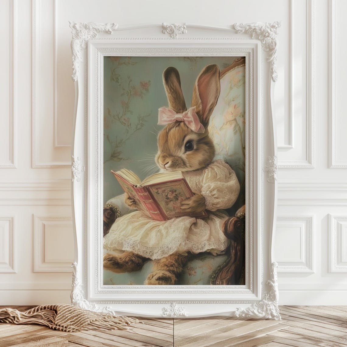 Easter Bunny Reading Print Vintage Spring Rabbit Wall Art Nursery Kids Room Decor Cute Antique Bunny Painting