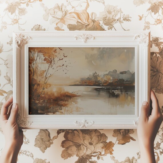 Vintage Fall Landscape Print Antique Autumn Lake Painting Moody Rustic Decor Cottagecore Wall Art