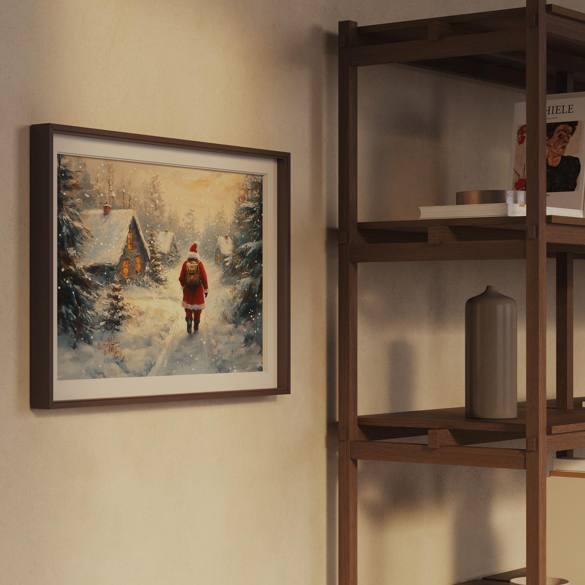 Santa Claus Walking a Snowy Path to a Cozy Cottage Art Print - Image 2