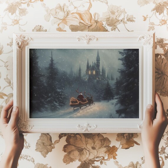 Vintage Christmas Santa Claus Print Santa Sleigh Reindeer Painting Dark Moody Winter Decor Festive Xmas Art