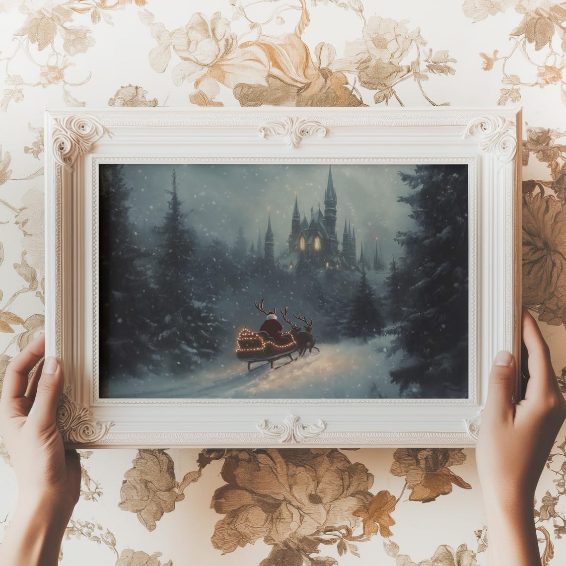 Santa Sleigh With Reindeer Heading to Dark Gothic Castle Snowy Poster