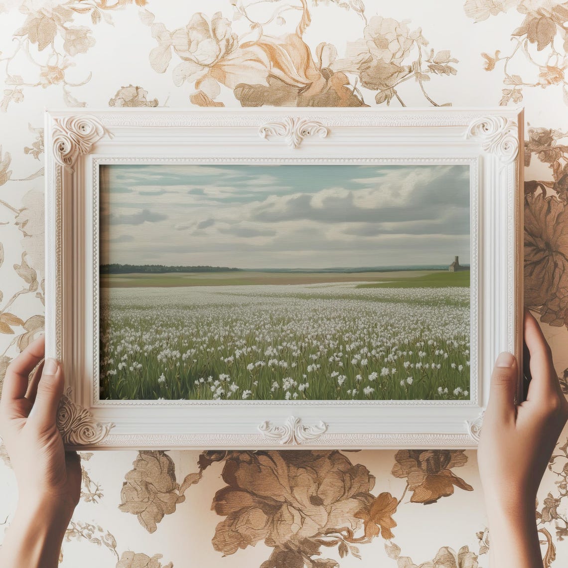 White Wildflower Field Cloudy Sky Spring Landscape Art Poster