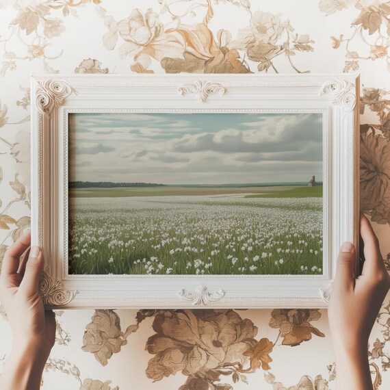 White Wildflower Field Cloudy Sky Spring Landscape Art Poster
