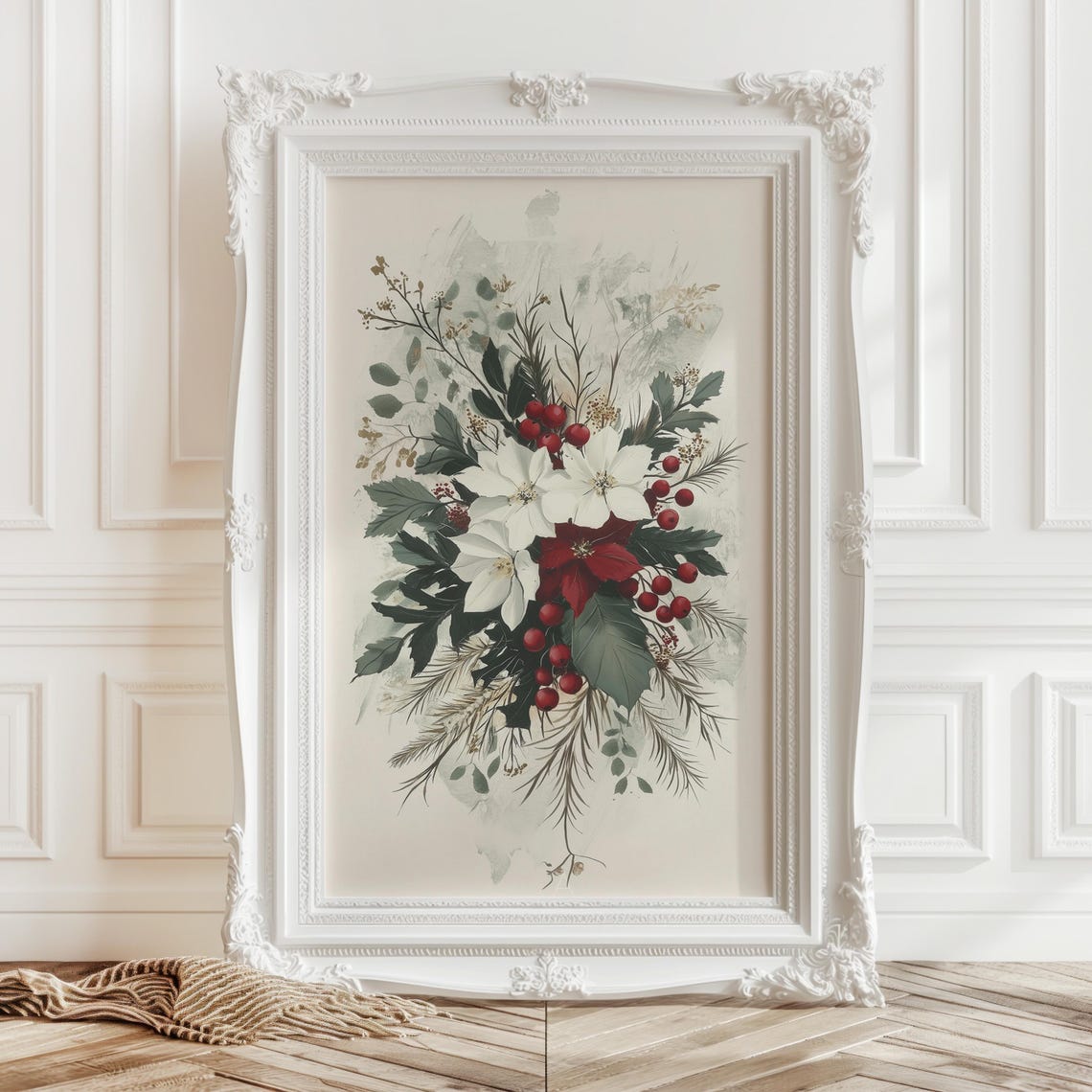 Christmas Floral Bouquet White Blooms Red Berries Watercolor Poster