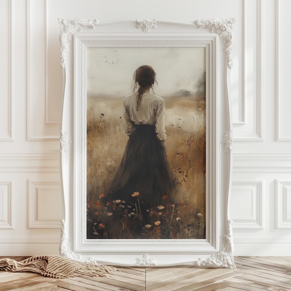 Woman In Wildflower Field Print Vintage Spring Meadow Wall Art Moody Rustic Farmhouse Decor Summer