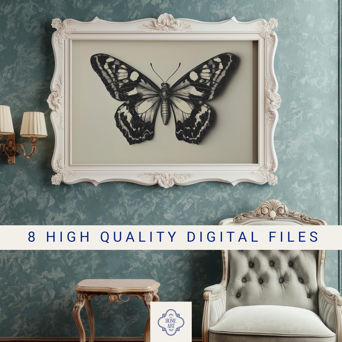 Black And White Butterfly Monochrome Botanical Study Wall Art - Image 3