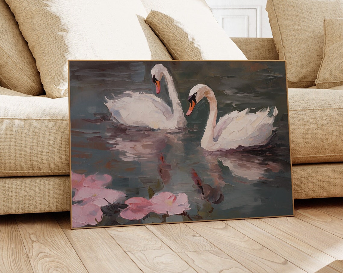 Two White Swans Dark Pond Pink Lilies Vintage Romantic Art Print