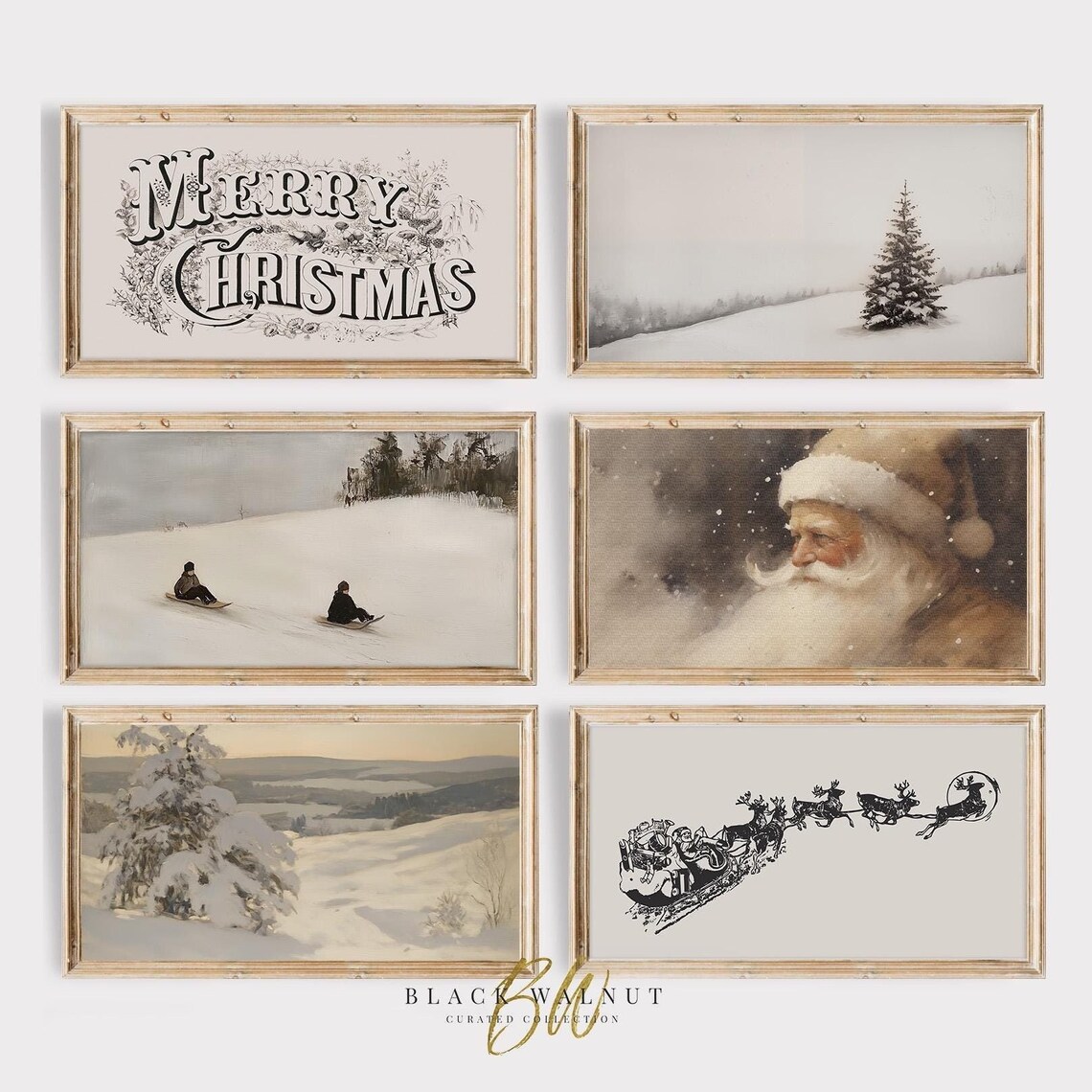 Set of 6 Vintage Christmas Prints Santa Merry Christmas Snowy Wall Art