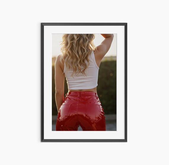 Woman In Red Patent Leather Pants Fashion Editorial Photo Print