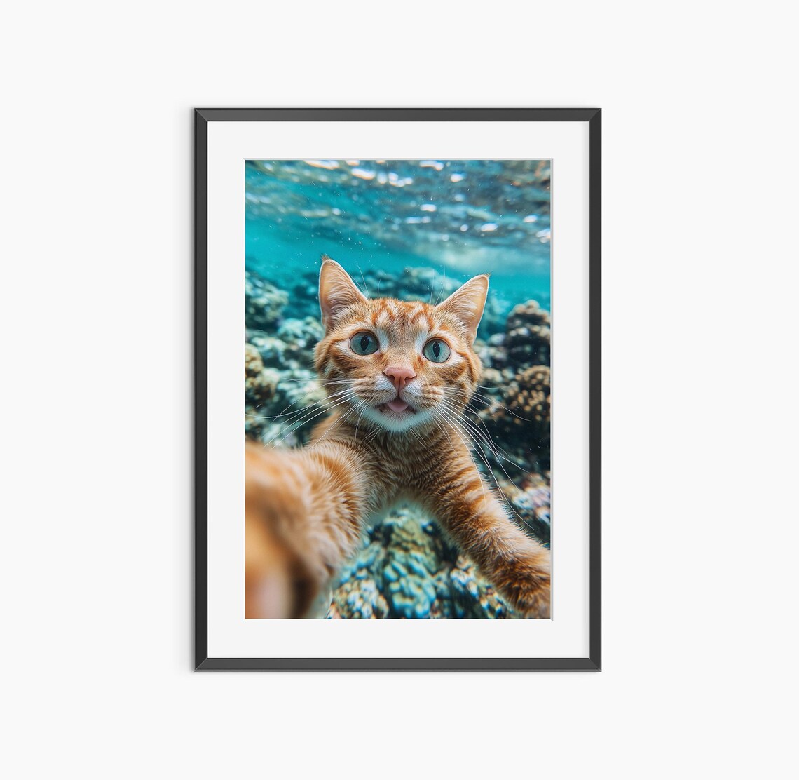 Funny Orange Cat Underwater Selfie Ocean Coral Reef Photo Poster