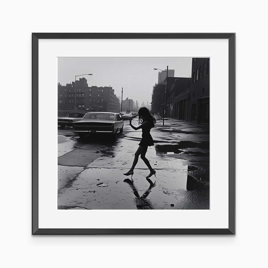 Black And White Woman Dancing In Rain City Street Photo Poster