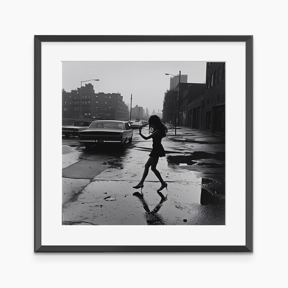 Black And White Woman Dancing In Rain City Street Photo Poster