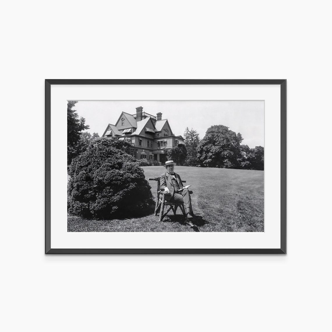 Thomas Edison Seated on Lawn Before Grand Mansion Vintage Photo Poster