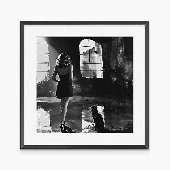 Black and White Woman with Cat Moody Fashion Photography Poster