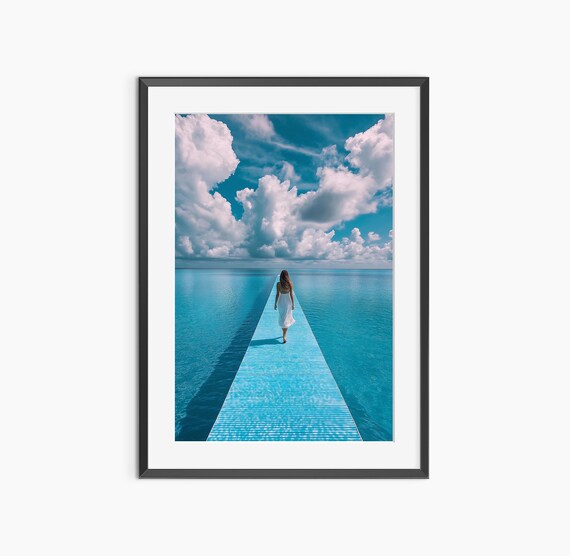 Woman on Floating Dock Over Turquoise Ocean Dreamy Beach Photo Poster