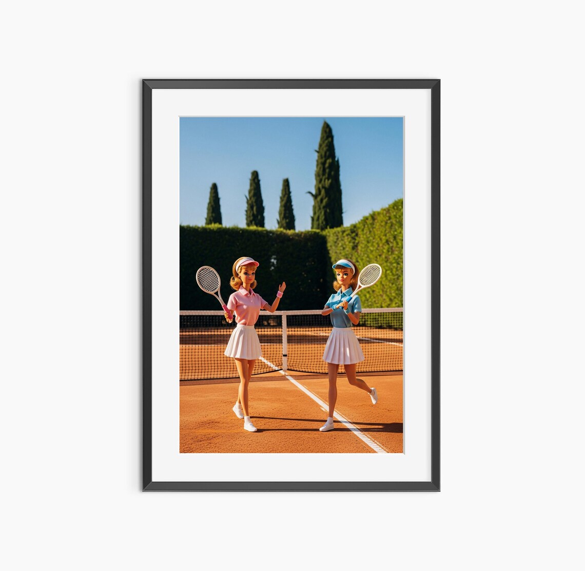 Tennis Doubles Partners at Net Clay Court Preppy Sport Style Poster