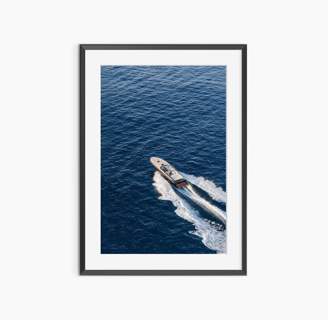 Speedboat Cutting Through Deep Blue Sea Aerial Photo Wall Art