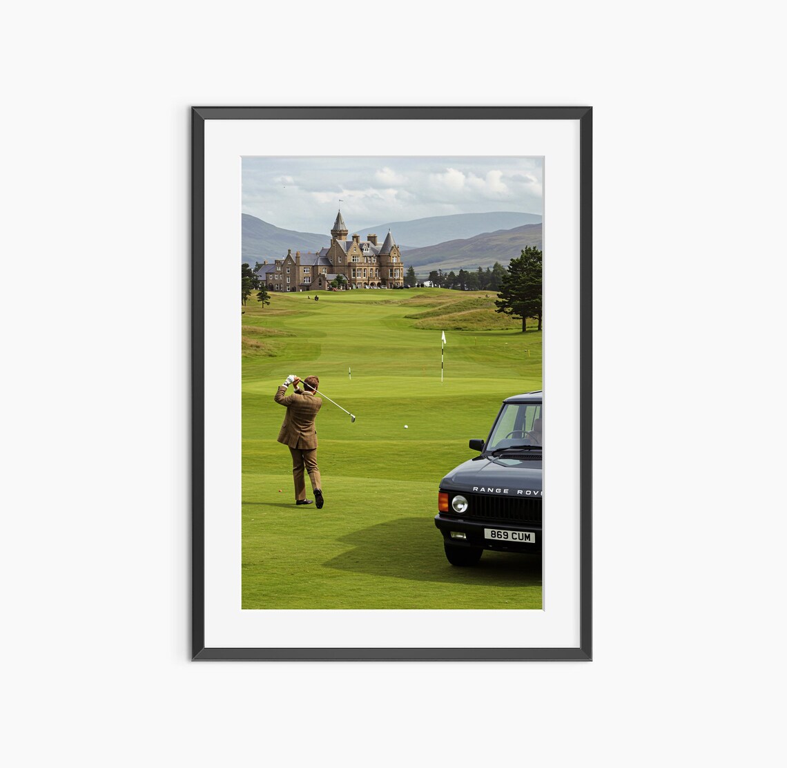 Golfer Swinging by Castle Clubhouse with Classic Range Rover Poster