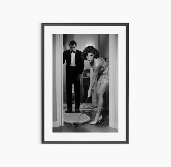 Old Hollywood Woman Putting Indoor Golf Tuxedo Man Vintage Poster