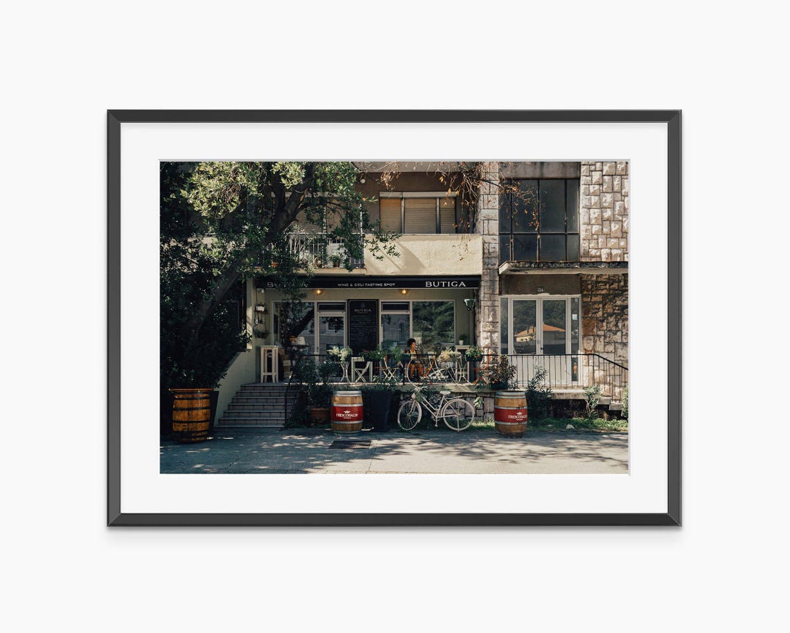 Butiga Wine Tasting Spot Street Storefront With Bicycle Poster
