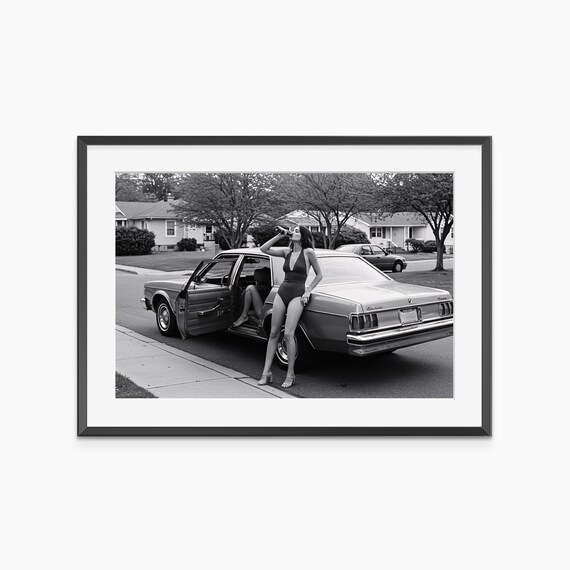 Vintage Black and White Woman with Classic Car Street Photo Poster