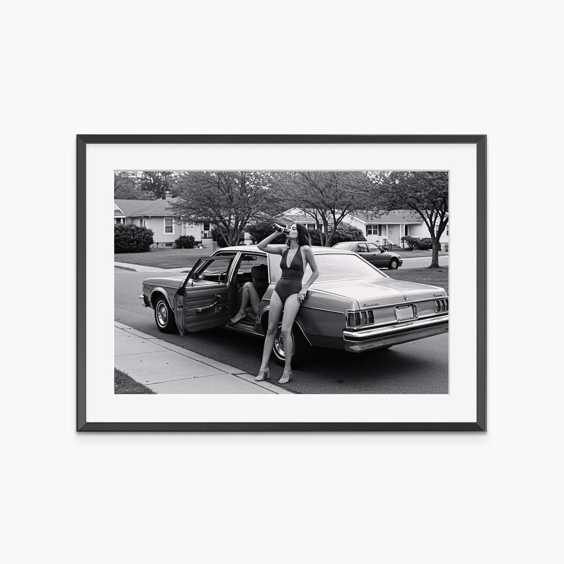 Vintage Black and White Woman with Classic Car Street Photo Poster