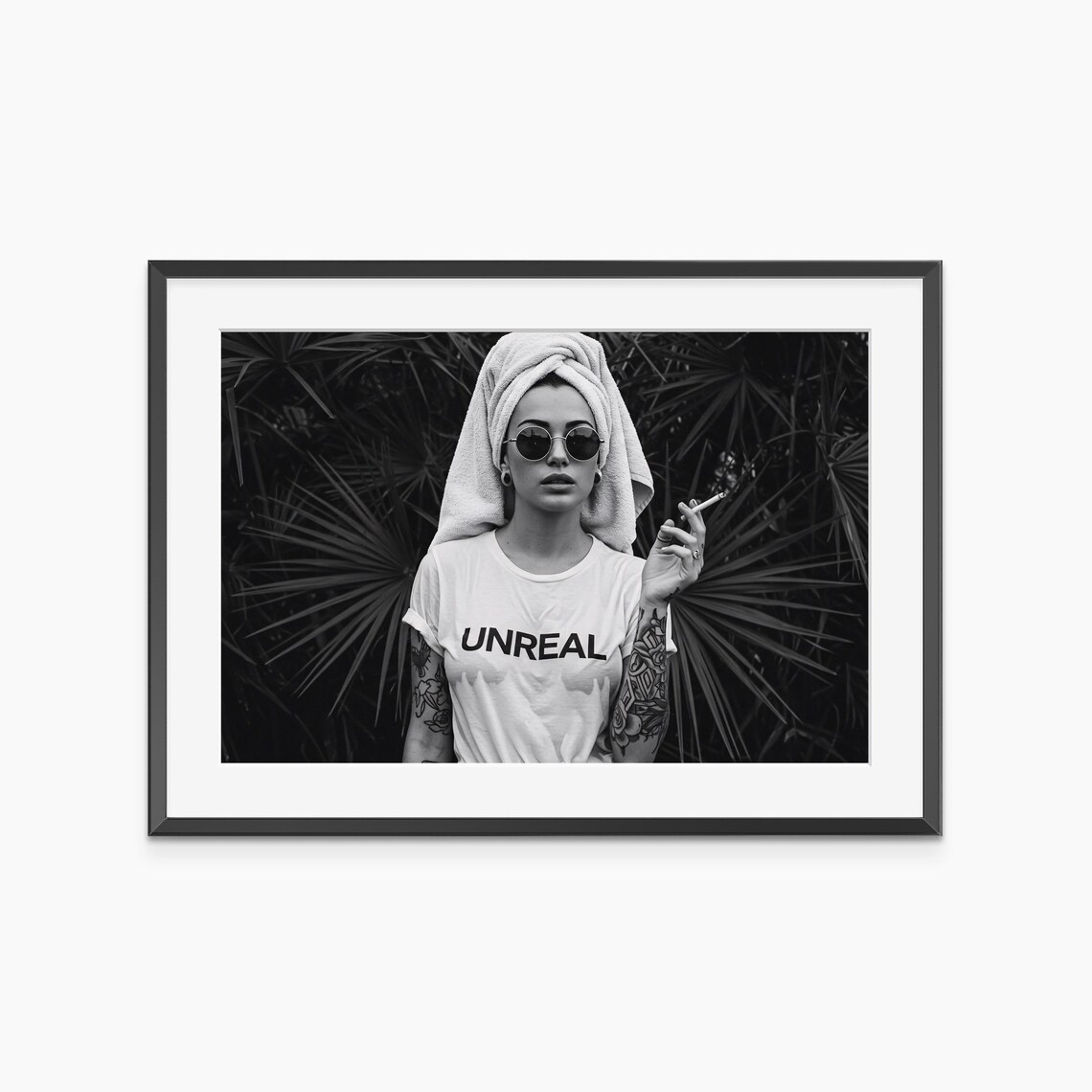 Unreal Tattooed Woman Sunglasses Black White Photography Print