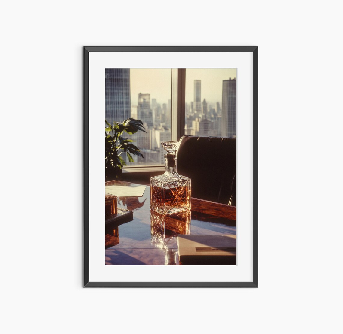 Whiskey Decanter on Desk City Skyline Window Old Money Photo Poster