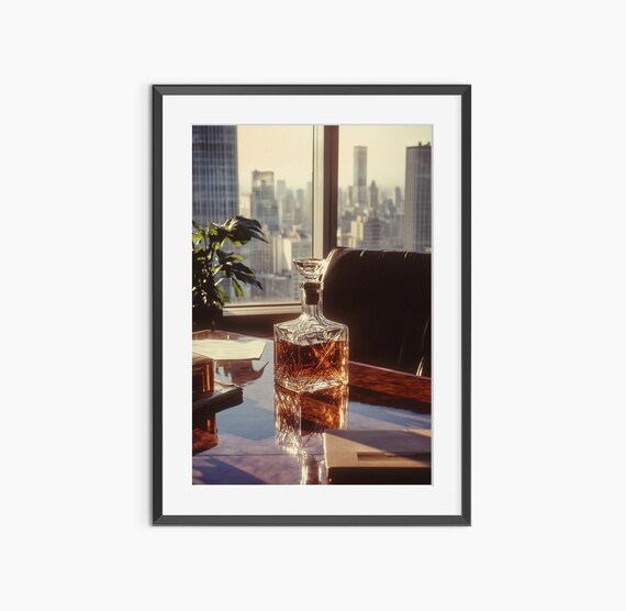 Whiskey Decanter on Desk City Skyline Window Old Money Photo Poster