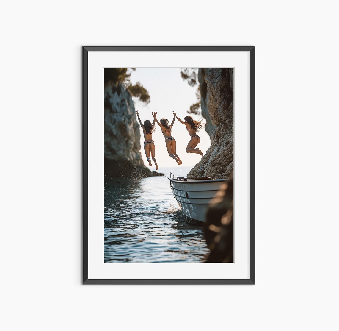 Three Women Jumping From Boat Into Blue Sea Summer Freedom Photo Poster