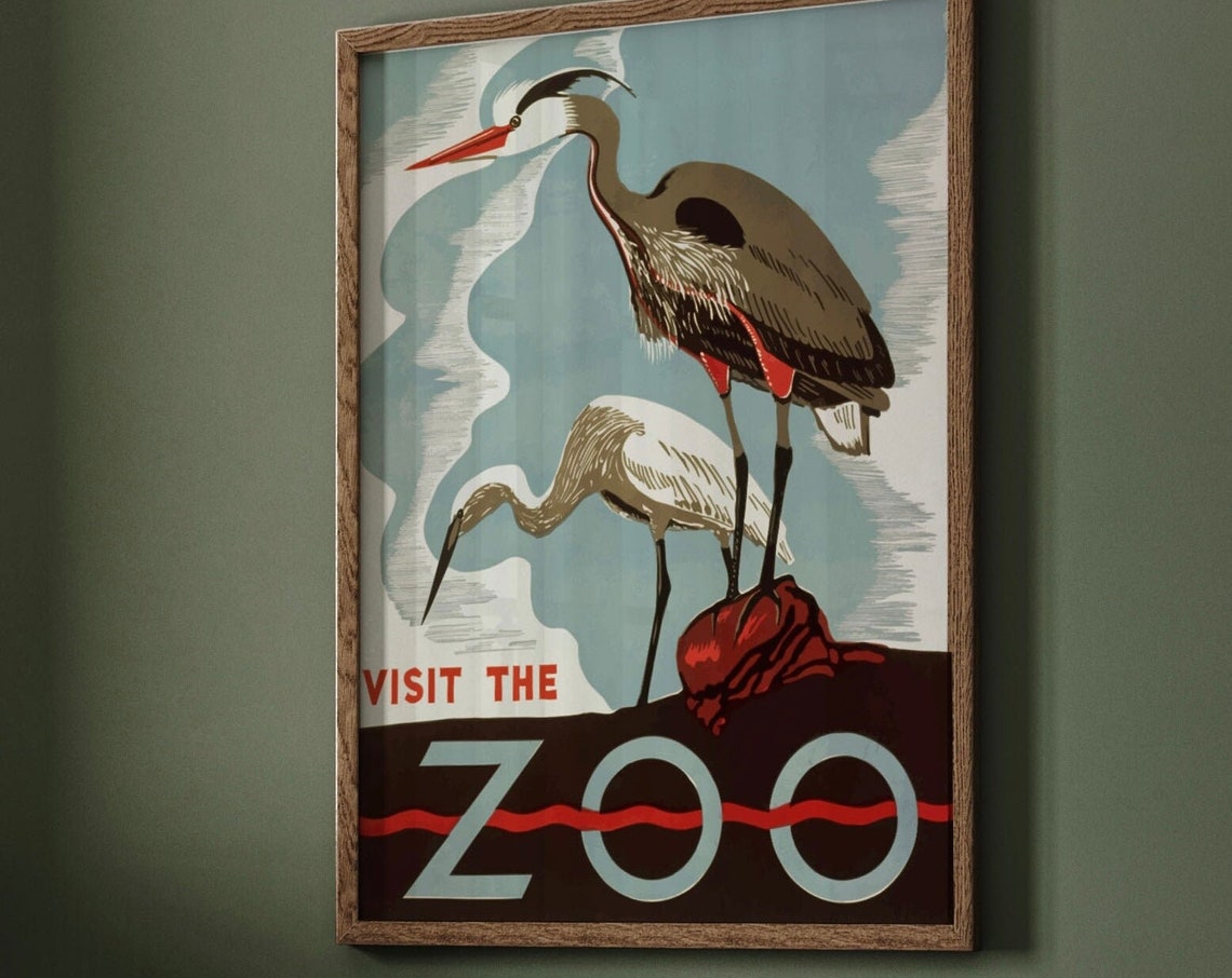 Visit The Zoo Vintage Heron Stork Illustration Retro Travel Poster