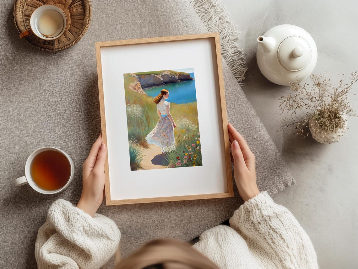 Woman On Cliff Path Overlooking Blue Sea Wildflower Art Poster - Image 3