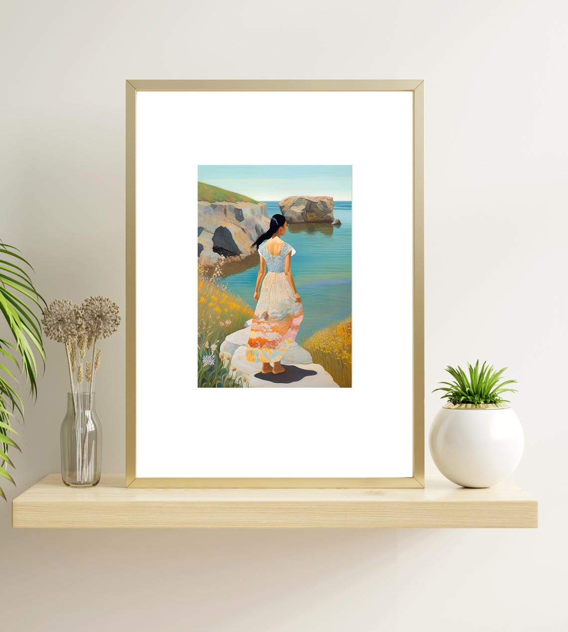 Woman Standing On Pale Rocks Calm Sea Coastal Scenic Art Poster - Image 4