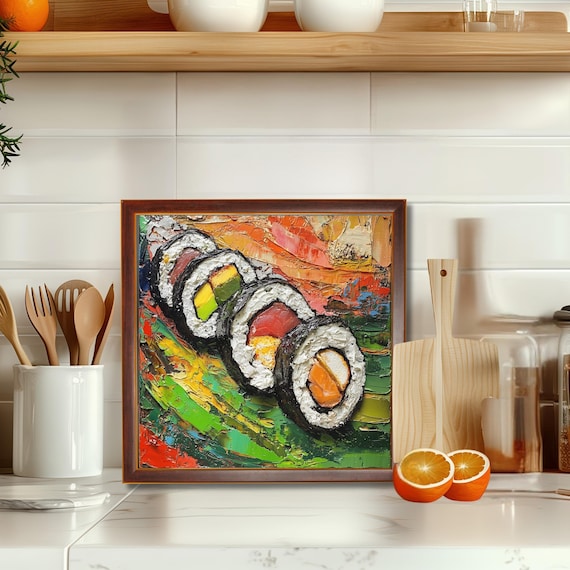 Sushi Rolls Impasto Oil Painting Vibrant Colors Kitchen Poster