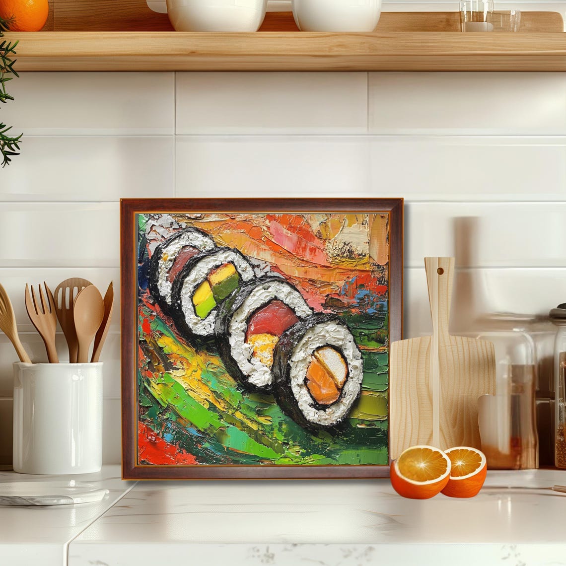 Sushi Rolls Impasto Oil Painting Vibrant Colors Kitchen Poster