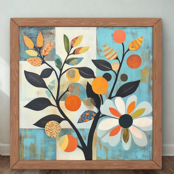 Mid Century Modern Floral Tree Wall Art Colorful Abstract Botanical Retro Boho Home Decor Living Room Statement Artwork