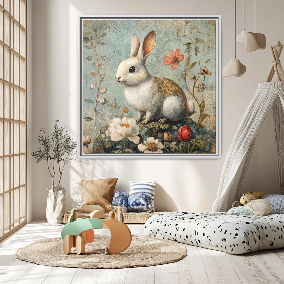 Cute Bunny Vintage Floral Whimsical Nursery Decor - Image 3