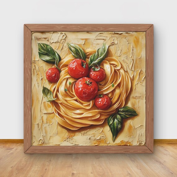 Fettuccine Nest Tomato Basil Impasto Oil Painting Italian Art Poster