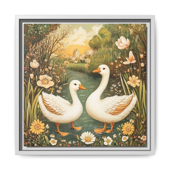 White Geese Pond Sunset Wildflowers Whimsical Nursery Poster