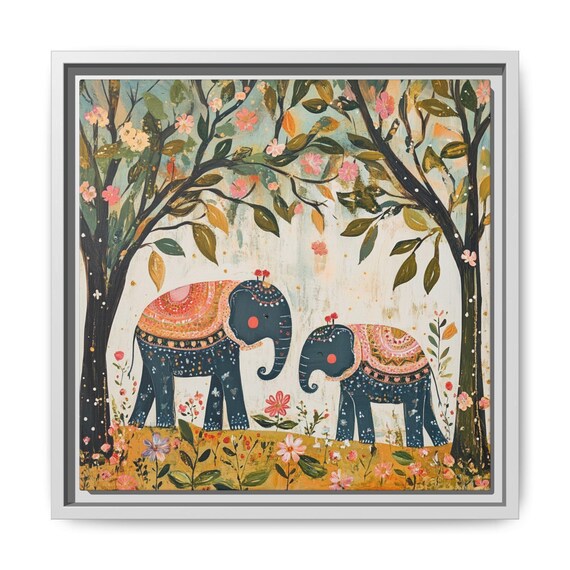 Two Navy Elephants Floral Trees Nursery Kids Room Safari Wall Art