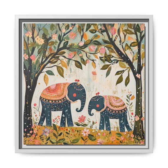Whimsical Nursery Print Wall Art Boho Decor Floral Elephant Painting Multicolor Kids Room